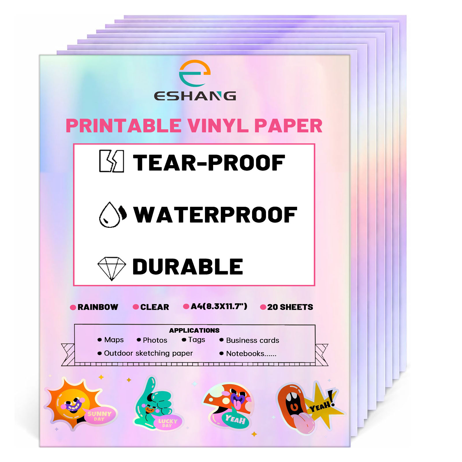 Commercial Vinyl Printing - 20 แผ่นกระดาษสติกเกอร์โฮโลแกรมสีรุ้งใสสำหรับเครื่องพิมพ์อิงค์เจ็ทและเลเซอร์ A4 (8.3x11.7) กระดาษสติกเกอร์ใสไวนิลแบบพิมพ์ได้