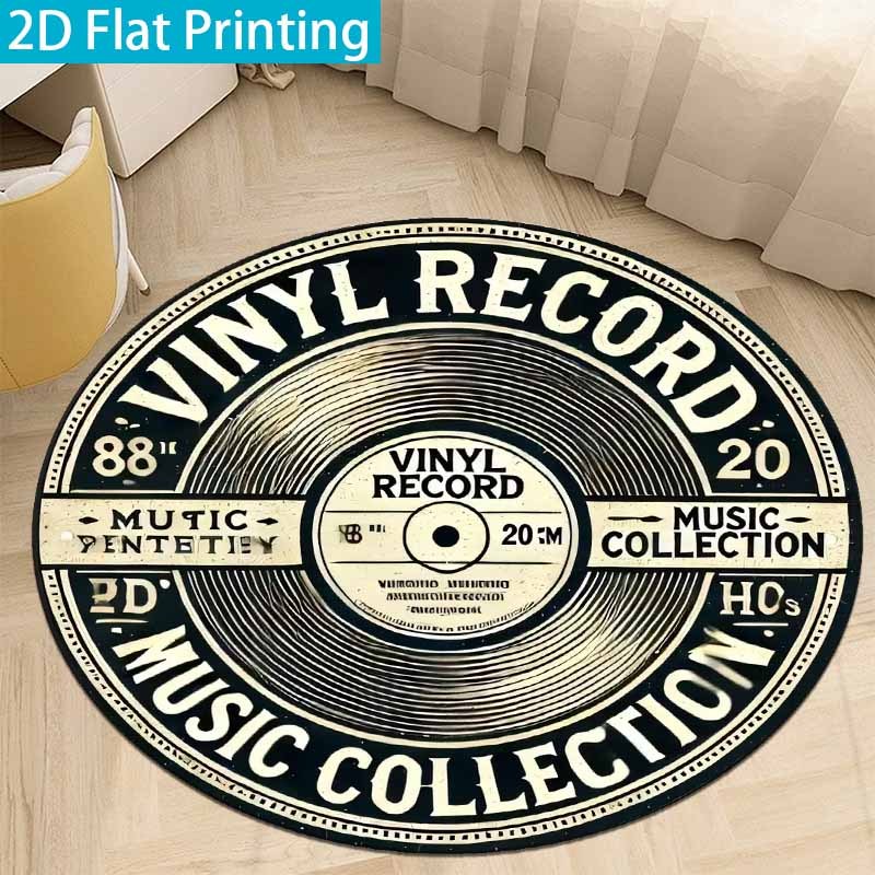 Commercial Vinyl Printing - พรมทรงกลมลายแผ่นเสียงไวนิลสีดำเบจสไตล์วินเทจ พรมปูพื้นลายตัวอักษรดนตรีย้อนยุค สำหรับโซฟา ห้องนอน ห้องดนตรี ตกแต่งภายใน